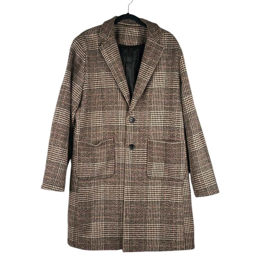 Uaneo Wool Blend Brown Tan Plaid Winter Fall Academia Minimalist Pea Coat XL